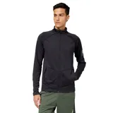 Campera deportiva negra con cierre frontal, cuello alto y bolsillos laterales con cierre. Logo de New Balance estampado en blanco en la manga izquierda.
