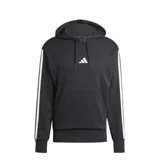 Canguro Adidas Essentials con capucha y cordones ajustables, color negro. Presenta las icónicas tres tiras blancas en las mangas y el logo de la marca bordado en el centro del pecho. Cuenta con un bolsillo frontal tipo canguro y puños acanalados.