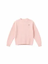Sweater de tejido acanalado en color rosa, con cuello redondo y manga larga. Presenta un pequeño detalle bordado en el pecho.