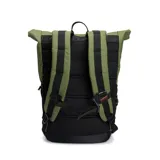 Mochila roll-up de 25 litros color negro, con cierre principal y sistema enrollable asegurado por dos hebillas. Presenta un bolsillo frontal con cierre, bolsillos laterales elásticos y compartimento interno acolchado para notebook de hasta 15 pulgadas. Incluye cinta posterior para enganche en carry on, tiras de hombros y panel trasero acolchados.