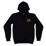 Canguro negro con capucha y bolsillo frontal tipo canguro. Presenta un estampado circular en el pecho con el logo de Santa Cruz en tipografía naranja con efecto de goteo sobre un fondo azul.