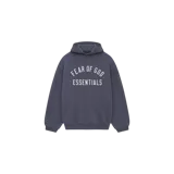 Hoodie Fear of God Essentials de felpa, color gris oscuro, con capucha y el texto "FEAR OF GOD ESSENTIALS" estampado en el frente.