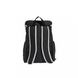 Mochila Adidas color negro con detalles en amarillo, parte de una colaboración especial con Smiley. Cuenta con solapa superior con cierre de hebillas, bolsillos laterales y estampados gráficos distintivos de la marca y el smiley en el frente.