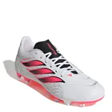 Championes de fútbol Adidas modelo Predator Club Fg/Mg, color blanco con diseño en fucsia y negro, cordones blancos y suela con tapones para césped firme y multisuperficie.