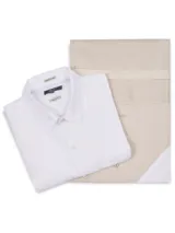 Camisa de lino blanca de manga corta, con cuello abotonado, cierre frontal de botones y un bolsillo aplicado en el pecho.