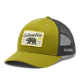 Gorro trucker con visera y panel frontal de color verde oliva, paneles traseros de malla en color gris oscuro y cierre snapback ajustable de plástico.