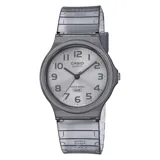 Reloj análogo Casio Quartz con caja y correa de resina gris translúcida. Esfera gris claro con números arábigos negros y manecillas negras. Indica resistencia al agua (WR).