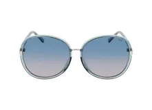 Lentes de sol INVU con montura redonda color celeste y plateado, y cristales degradados de azul a lila.