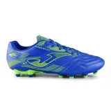 Championes de fútbol Joma Powerful 2404 FG, color azul con detalles en verde, diseñados para hombre. Fabricados en piel sintética, con suela de goma y tacos de plástico para césped natural.