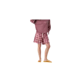 Short de baño Eme Studios con estampado houndstooth en tonos bordó y rosado, cintura elástica con cordón de ajuste blanco y etiqueta con el logo de la marca en el lateral.