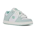 Championes DC modelo Manteca 4, de diseño urbano con combinación de colores blanco y verde menta. Presentan el logo de la marca en el lateral y en la lengüeta, con suela de goma resistente y cordones blancos.