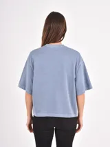 Remera de corte holgado y diseño oversize, color gris azulado con efecto lavado. Presenta un estampado gráfico central con tipografía y motivos florales.