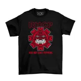 Remera negra de algodón con estampa frontal en color rojo y blanco del logo tribal de la banda Red Hot Chili Peppers.