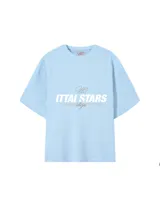 Remera rosa de corte holgado con estampado frontal que incluye el texto "Ittai Stars Ibiza".