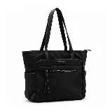 Cartera tipo tote bag de color negro con diseño estructurado, asas largas de hombro en cuero sintético, bolsillo frontal con cierre y placa metálica con el logo de la marca.