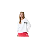 Remera manga larga blanca con cuello henley y botones en el frente, de corte oversize y estampado tipográfico negro en el pecho y la manga.
