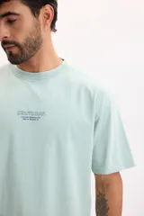 Remera oversize de manga corta en color verde agua, con diseño de dragón azul estampado en la espalda.