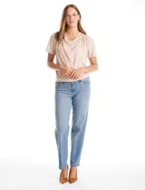 Remera de modal marca Philosophy, color beige, con cuello volcado y manga corta.