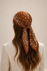Pañuelo cuadrado de tela con estampado tipo bandana en tonos tostados y blancos, con diseño de motivos paisley y geométricos.