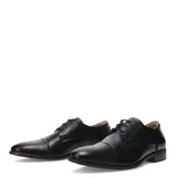 Zapato de vestir tipo oxford para hombre, confeccionado en cuero negro con cierre de cordones, puntera reforzada y suela de madera con tacón bajo.