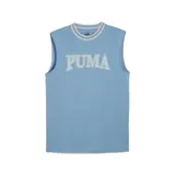 Musculosa celeste con cuello y sisas ribeteadas en blanco. Estampado frontal con el logo de Puma en blanco con contorno celeste.