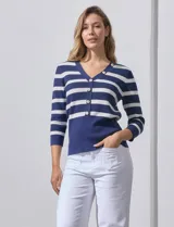 Buzo tejido a rayas horizontales azul marino y blanco, con escote en V y botones frontales.
