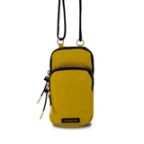 Bolso porta celular con cierre frontal, compartimentos internos para tarjetas y bolsillo trasero. Incluye correa elástica regulable y desmontable.