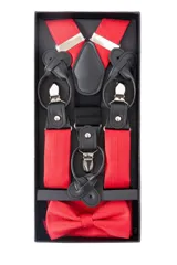 Set de tirantes, moña y pañuelo de bolsillo color rojo con diseño floral. Los tirantes son ajustables y tienen apliques para abrochar a botones o pinzas metálicas para sujetar al pantalón.