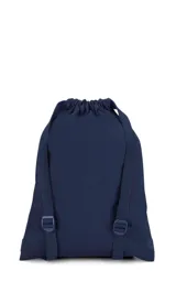 Mochila JanSport Draw Sack azul marino con logo rojo estampado, cierre superior con cordón ajustable y bolsillo frontal con cierre.