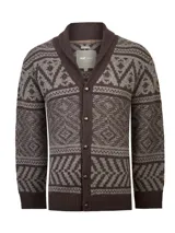 Cardigan de punto con cuello tipo chal y cierre frontal de botones. Presenta un diseño estampado con patrones geométricos inspirados en culturas ancestrales en tonos marrones y grises.