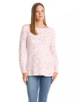 Buzo de chenille jaspeado marca Ruby Rd, con escote bote y mangas largas. Presenta un diseño de tejido con textura y aberturas laterales en el ruedo.