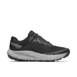 Championes de trail running Merrell modelo Nova 4, color negro con entresuela gris. Presentan diseño de malla transpirable, refuerzos sintéticos en puntera y talón, y tecnología FlexConnect en la suela para mayor flexibilidad y tracción.