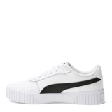 Championes urbanos Puma modelo Carina 2.0, color negro con la icónica franja lateral en blanco. Presentan una suela de plataforma de goma blanca con diseño texturizado y cierre mediante cordones.