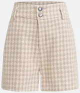Short de tiro alto confeccionado en tejido tweed con estampado pied-de-poule. Presenta una cinturilla ancha con trabillas y un corte estructurado de estilo sastrero.