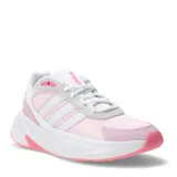 Championes Adidas Ozelle Cloudfoam, color rosa, blanco y gris, con las tres tiras características de la marca en los laterales.