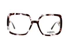 Armazón de anteojos Lancel modelo 90077, con diseño cuadrado de gran tamaño y estampado carey en tonos marrones, blancos y negros.