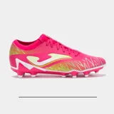 Championes de fútbol Joma modelo Strike FG, color rosa fuerte con detalles en amarillo neón y blanco. Presentan un diseño con textura en la capellada y suela con tapones fijos para césped natural firme.
