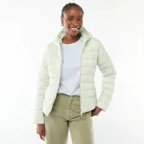 Campera ligera acolchada con capucha, de diseño liso y cierre frontal con cremallera. Presenta un acabado acolchado horizontal y ajuste entallado.