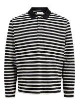 Chomba de manga larga a rayas horizontales en negro, blanco y beige, con cuello polo y tapeta de botones frontal.