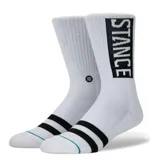Medias Stance de media caña color blanco, con diseño de rayas negras en la puntera y el nombre de la marca en vertical dentro de un rectángulo negro en el lateral superior.