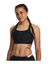 Top deportivo de alto impacto Under Armour, color negro, con diseño de compresión, correas ajustables en la parte delantera y espalda con abertura. Confeccionado en tejido HeatGear que absorbe el sudor y se seca rápidamente.