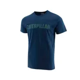 Remera azul con logo de Caterpillar estampado en verde en el pecho.