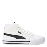 Championes Puma de corte medio, color blanco con detalles en negro. Presentan diseño de plataforma con líneas horizontales en la suela y el logo de la marca en el lateral.