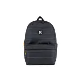 Mochila Hurley negra con estampado de finas líneas horizontales blancas y logo de la marca en el frente. Incluye dos compartimentos con cierre y tirantes acolchados ajustables.