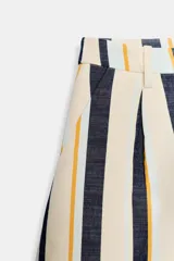 Shorts de tiro medio con trabillas en la cintura y cierre frontal con cremallera y botón. Presenta pliegues delanteros y bolsillos laterales ocultos en la costura, con un diseño de rayas verticales multicolor.