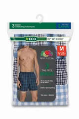Pack de tres boxers de tela tipo tejido plano, con diseño a cuadros en tonos azules y blancos. Cuentan con cintura elástica y corte holgado.