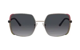 Lentes de sol cuadrados con marco metálico dorado, detalles en rojo en la parte superior y lentes grises degradadas.