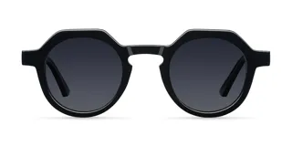 Lentes de sol redondos negros con detalles geométricos, montura de bio-based G850 y varillas de propionato de celulosa.
