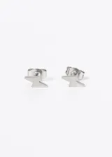 Par de aros pequeños de acero quirúrgico hipoalergénico con forma de rayo.