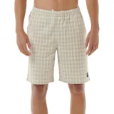 Bermuda de hombre con estampado a cuadros en tonos beige y blanco, con cintura elástica ajustable con cordón y logo de la marca en la pierna izquierda.